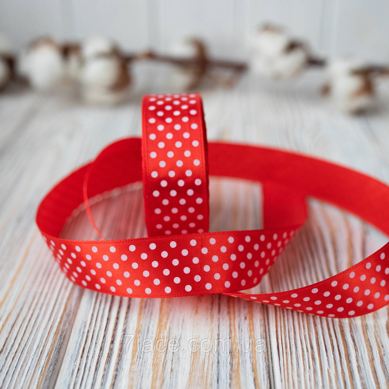 Стрічка атласна в горошок/колір червоний/ширина 2,5 см/бобіна 23 м, фото 1