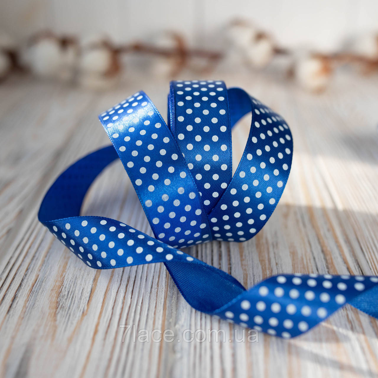 Стрічка атласна в горошок/колір синій/ширина 2,5 см/бобіна 23 м