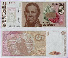 Аргентина 5 песо 1986 - 1989 UNC