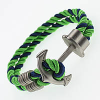 Мужской плетеный браслет двухцветный с металлической серебристой вставкой в виде якоря длина 23 см