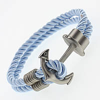 Мужской плетеный браслет голубого цвета с металлической серебристой вставкой в виде якоря длина 23 см