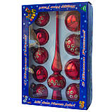 Набір ялинкових іграшок кулі з верхівкою, 10 шт, D5-6 см, червоний, в крапку, скло (390267-6), фото 2