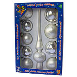 Набір ялинкових іграшок кулі з верхівкою, 10 шт, D5-6 см, сріблястий, в сніжинки, скло (390267-14), фото 2