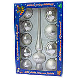 Набір ялинкових іграшок кулі з верхівкою, 10 шт, D5-6 см, сріблястий, великі зірки, скло (390267-15), фото 2