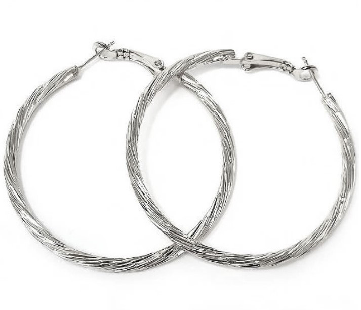 Булатні сережки-кільця рифлені. Родій. Діаметр: 6 см. Ширина: 3 мм.