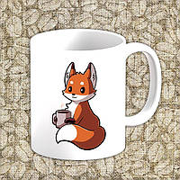 Білий кухоль (чашка) з принтом "Лисиця з чашкою кави"