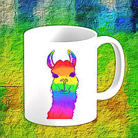 Білий кухоль (чашка) з принтом Альпака (райдужний)