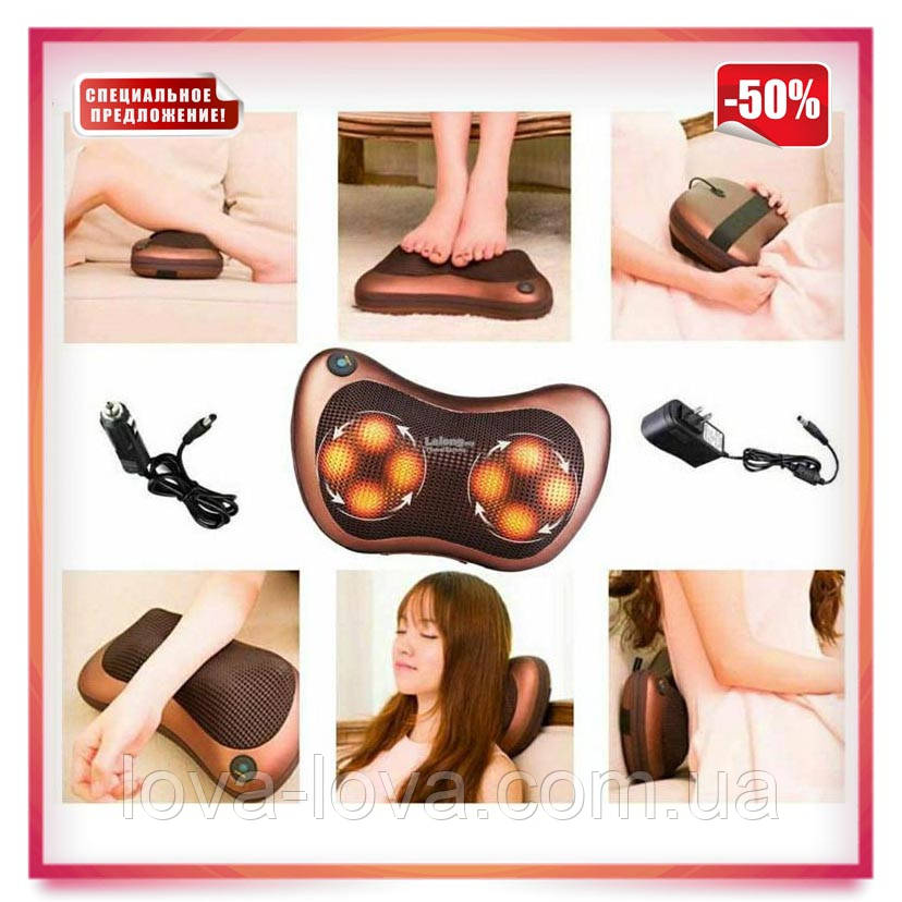 Масажна подушка з підігрівом для спини та шиї Massage Pillow GHM 8028 на 8 роликів у