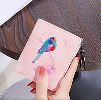 Модный женский раскладной кошелек с вышивкой птицы стильный "Bird" (розовый)