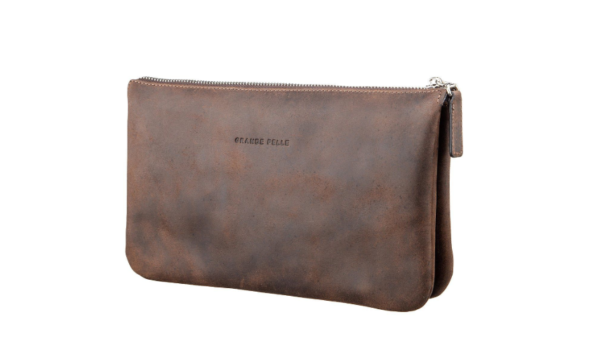 Чоловіча барсетка з шкіри Grande Pelle коричнева стильна сумка клатч на блискавці з ремінцем