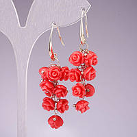 Сережки-підвіски "Розарій" кораловий, полімерна глина, сріблястий метал, 55mm купити біжутерію дешево оптом в інтернеті