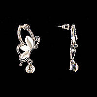 Сережки-пусети "Крило метелика" в стразах\ вставка "котяче око" кристал/сріблястий метал/30*20мм купити біжутерію дешево оптом в