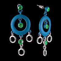 Сережки-пусети-підвіски з зеленими стразами, великими синіми кільцями \ під "срібло" 55 * 25мм купити біжутерію дешево оптом в