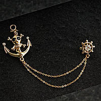 [30/110 мм] Брошка жовтий метал морська штурвал і якір із зображенням черепа в стразах на ланцюжку для кардиганів і комірців