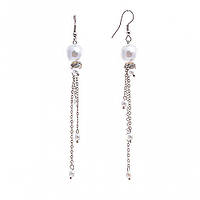 Сережки підвіски з білим перлами ( їм ) і стразами на ланцюжках, метал під срібло, 95мм купити біжутерію оптом в інтернеті