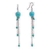 Сережки підвіски з блакитною бірюзою ( прес ) і стразами на ланцюжках, метал під срібло, 95мм купити біжутерію оптом в інтернеті