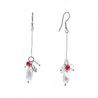 Сережки підвіски з білих і червоних намистин під "перли" і "корал" 65мм купити біжутерію дешево оптом в інтернеті