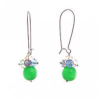 Сережки-французька застібка з кольорових дрібних ( ім. хрускіт ) і яблучно-зелених намистин ( кош. очей ) 55мм купити біжутерію