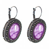 Сережки Аметист оправа "точка хрестик" овальний камінь 2,5*2см L-3,8см купити біжутерію дешево оптом в інтернеті