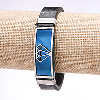 Браслет чоловічий Діамант еко шкіра широкий сталева планка синя s-14-16мм L-20см купити біжутерію дешево оптом в інтернеті