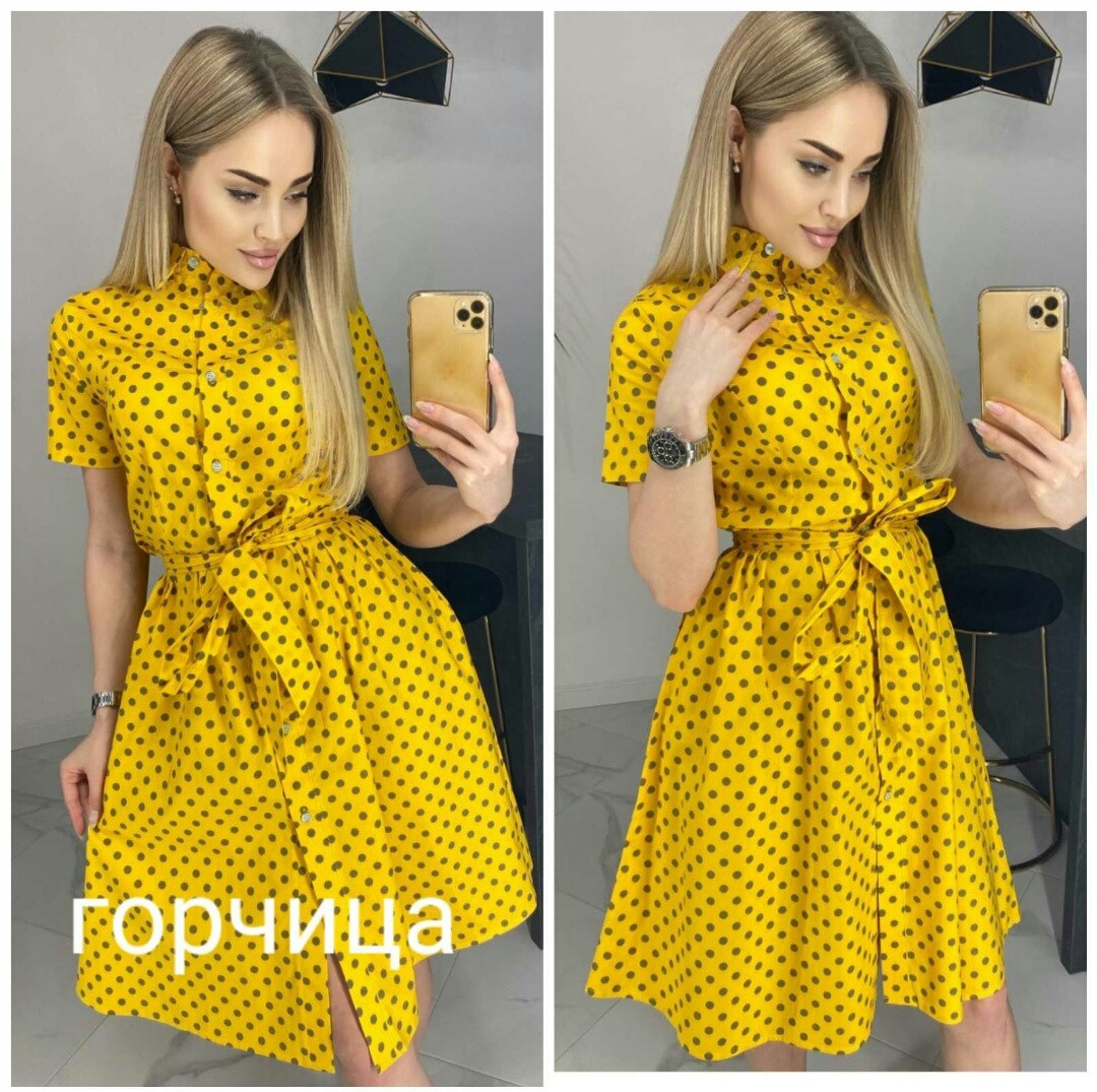 Плаття в горошок коттоновое жіноче ГІРЧИЦЯ (ПОШТУЧНО)