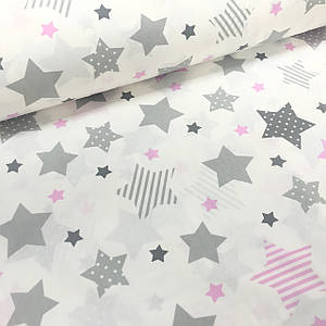 Бавовняна тканина (ТУРЦІЯ шир. 2,4 м) зірки сіро-рожеві великі та маленькі з малюнком усередині (R-FR-0114)