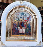 Ікона Свята Трійця в білому арочному кіоті під склом, розмір 28*25, сюжет 15*18., фото 5