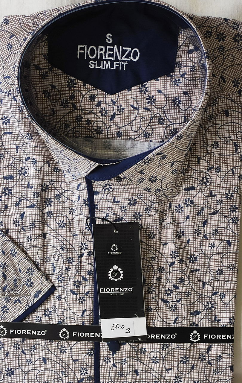 Сорочка чоловіча з коротким рукавом vk-0050 Fiorenzo бежева приталені в принт на кнопках Туреччина