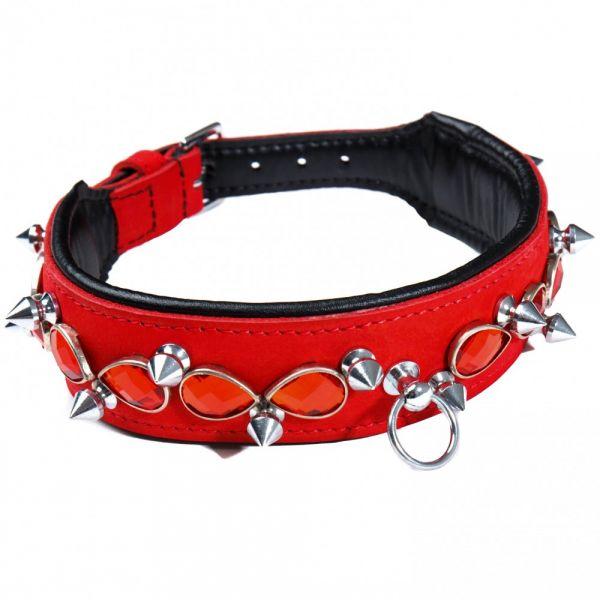Червоний шкіряний нашийник з шипами і стразами Leather Jewel & Spike