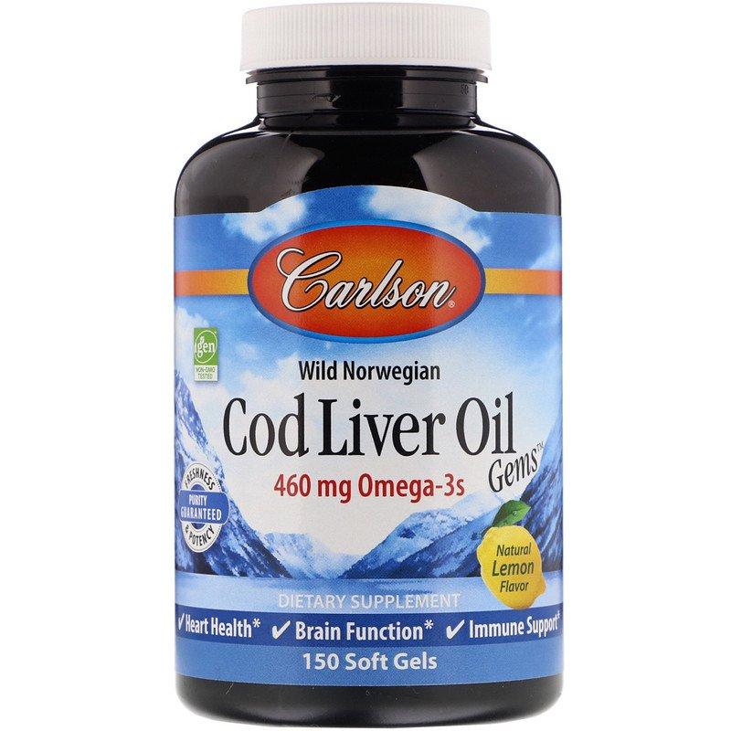 Carlson Labs, Wild Norwegian Cod Liver Oil Gems, Natural Lemon Flavor, 460 mg, 150 Soft Gels - фото 1 - id-p1183240132