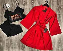 Червоний халат-кімоно+ чорна піжама топ і шорти-комплект.