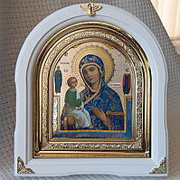 Икона П.Б.Иерусалимская в белом арочном киоте с декоративными уголочками, размер 28*25, подарочная коробка