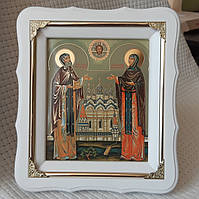 Ікона Петро та Февронія в білому фігурному кіоті з декоративними куточками, розмір кіота 24*21, лік 15*18
