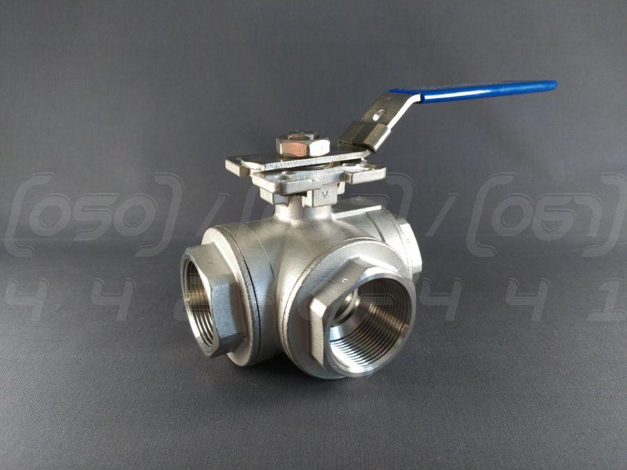 Кран шаровый трехходовой муфтовый DN40 (1"1/2), нержавеющая сталь AISI304 (CF8), Ру63, майданчик, куля Г-перетин