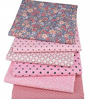 Набір відрізів тканини для рукоділля в рожевих тонах із різними орнаментами 6 відрізів 40*50 см