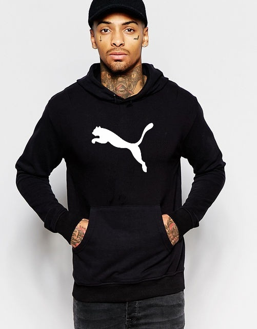 Худи Puma | Мужская толстовка | Кенгурушка чёрная, белый принт