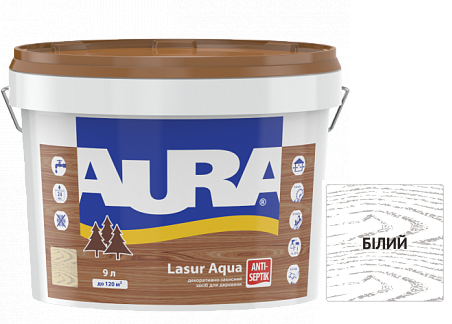 Декоративно-захисний засіб для деревини Aura Lasur aqua (білий) 9л.