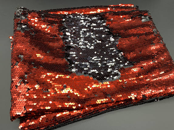 Тканина пайєтка двостороння. Колір червоно-чорний., фото 2