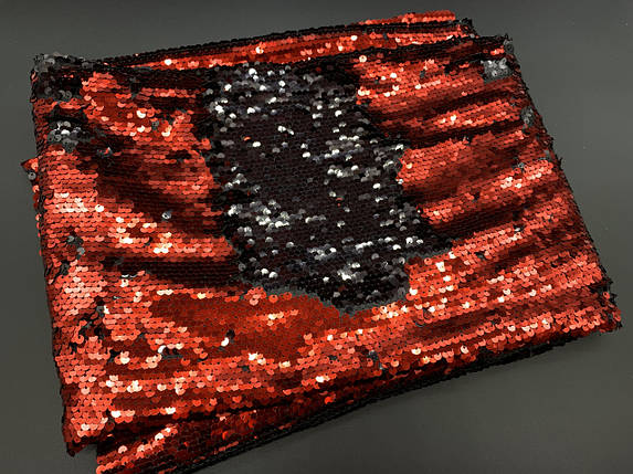 Тканина пайєтка двостороння. Колір червоно-чорний., фото 3