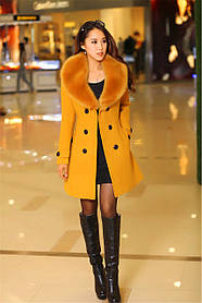 Пальто жіноче комір хутро жовтий, XL