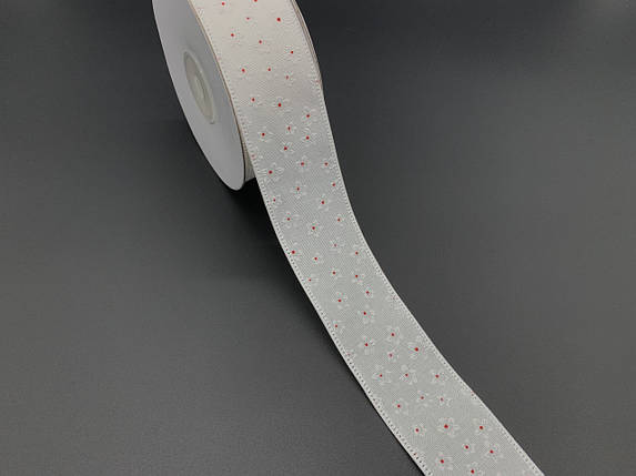 Стрічка декоративна тканинна для декупажу з малюнком Колір білий. Квітка з червоною крапкою. 4см. 20м/рул., фото 1