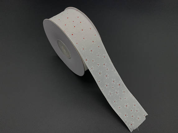 Стрічка декоративна тканинна для декупажу з малюнком Колір білий. Квітка з червоною крапкою. 4см. 20м/рул., фото 2