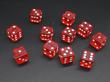 Гральні кубики червоні для покеру та настільних ігор, заввишки 18 мм, не заокруглені кути, з білими крапками