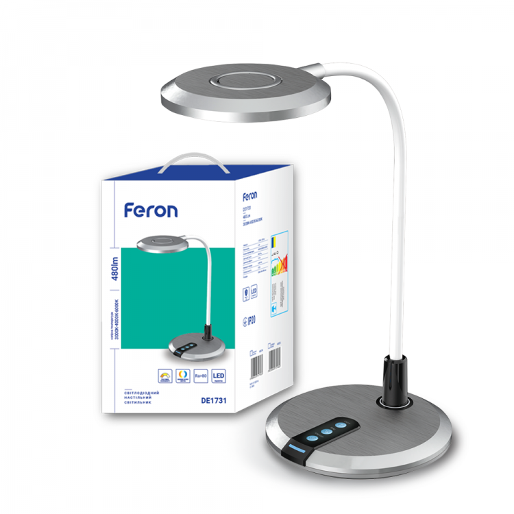 Світлодіодна настільна лампа з димером Feron DE1731 8W 3000К-4000К-6000К срібло, фото 1