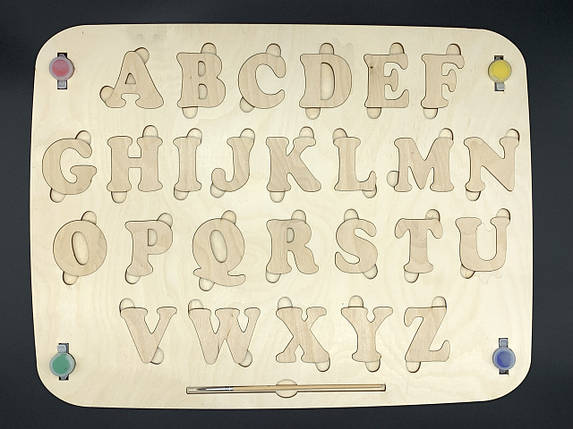 Дерев'яна абетка під декупаж. Фарби+пензлик. 36х49см. Англійська., фото 1