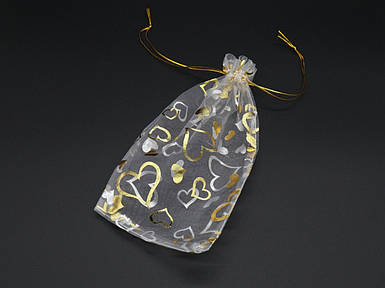 Подарункові мішечки з органзи для прикрас і сувенірів Колір біло-золотий. 9х12см