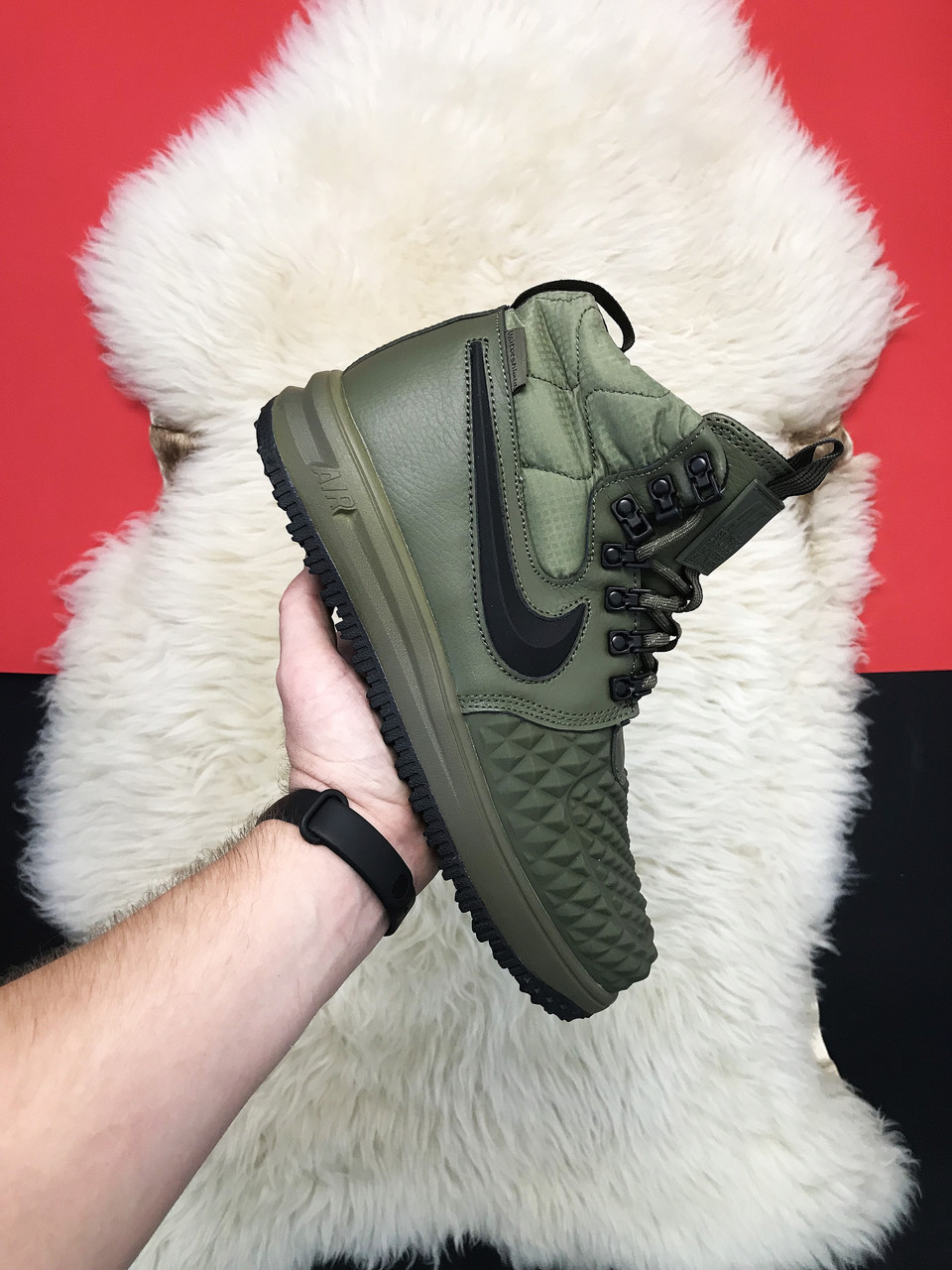 Чоловічі євро зимові кросівки Nike Lunar Force 1 Duckboot '17 Green, зелені шкіряні хакі найк лунар форс дакбут LF 1