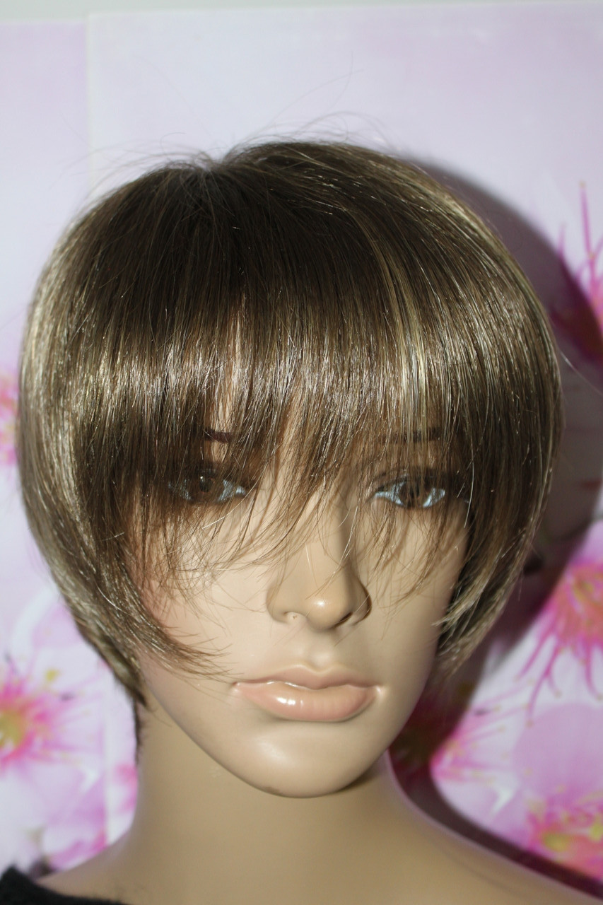 Перука штучні волосся термоволокно коротка стрижка з чубком темно русявий з мелірування, фото 1