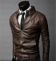 Мужская куртка осень - весна из кожзама ( экокожа) темно-коричневый, XXXL