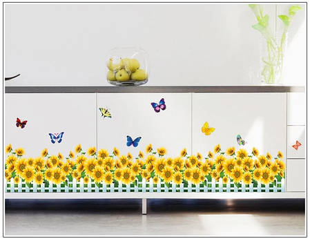 Наклейка на стіну, наклейка квітка, наклейки на шафу "Соняшники з метеликами", довжина 1метр (лист 50*70см), фото 2